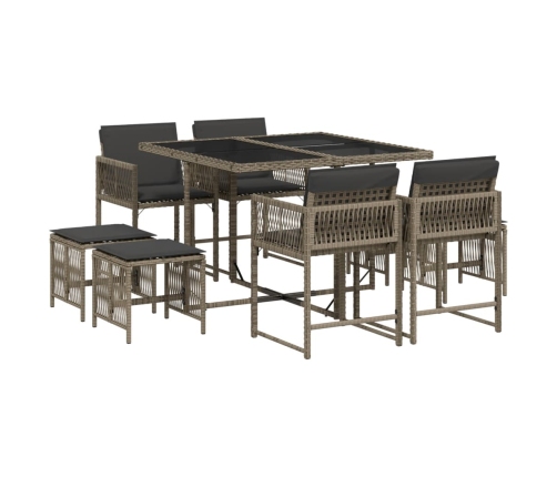 Set comedor jardín 9 pzas y cojines ratán sintético gris
