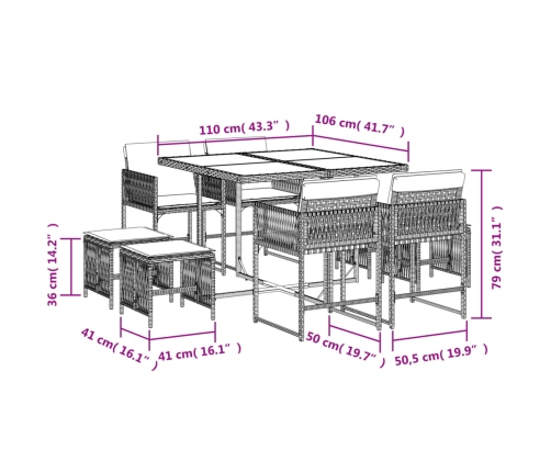 Set comedor jardín 9 pzas y cojines ratán sintético gris