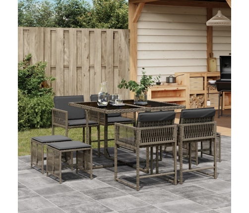 Set comedor jardín 9 pzas y cojines ratán sintético gris