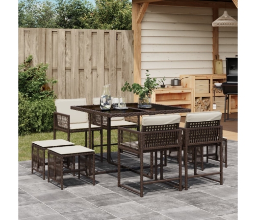 Set comedor para jardín 9 pzas y cojines ratán sintético marrón