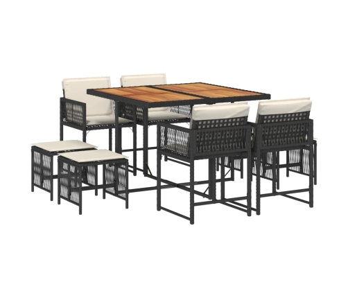 Set de comedor de jardín 9 pzas y cojines ratán sintético negro