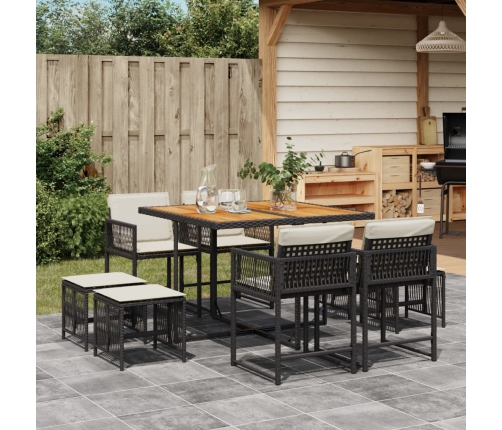 Set de comedor de jardín 9 pzas y cojines ratán sintético negro