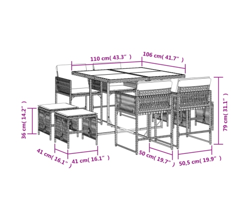 Set comedor de jardín 9 pzas con cojines ratán sintético beige