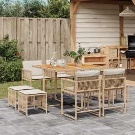 Set comedor de jardín 9 pzas con cojines ratán sintético beige