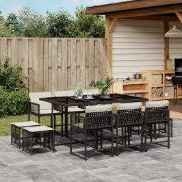 Set de comedor jardín 11 pzas con cojines ratán sintético negro