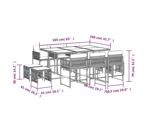 Set de comedor jardín 11 pzas con cojines ratán sintético negro
