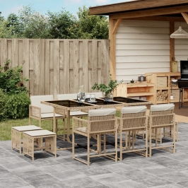 Set comedor de jardín 11 pzas con cojines ratán sintético beige
