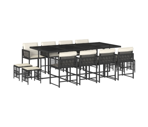 Set comedor de jardín con cojines 13 pzas ratán sintético negro