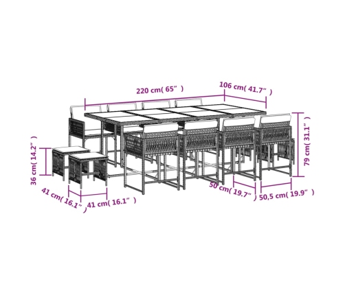 Set comedor de jardín con cojines 13 pzas ratán sintético negro