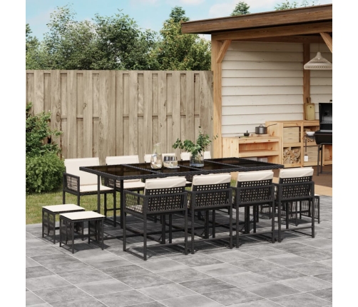 Set comedor de jardín con cojines 13 pzas ratán sintético negro