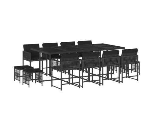 Set comedor de jardín con cojines 13 pzas ratán sintético negro