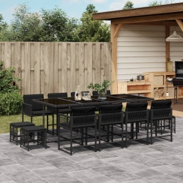 Set comedor de jardín con cojines 13 pzas ratán sintético negro