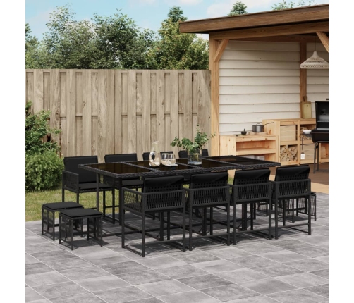 Set comedor de jardín con cojines 13 pzas ratán sintético negro