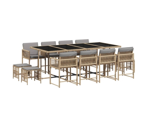 Set comedor de jardín con cojines 13 pzas ratán sintético beige