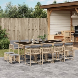 Set comedor de jardín con cojines 13 pzas ratán sintético beige