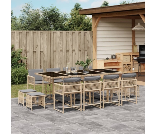 Set comedor de jardín con cojines 13 pzas ratán sintético beige