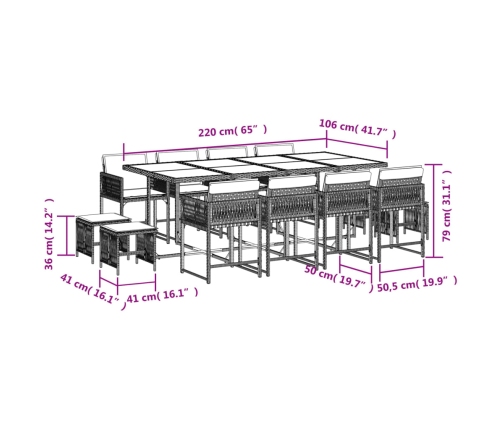 Set comedor de jardín con cojines 13 pzas ratán sintético gris