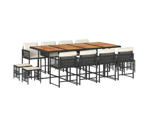 Set comedor de jardín con cojines 13 pzas ratán sintético negro