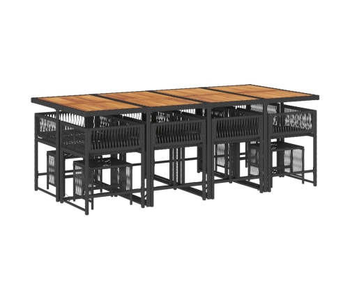 Set comedor de jardín con cojines 13 pzas ratán sintético negro