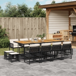 Set comedor de jardín con cojines 13 pzas ratán sintético negro