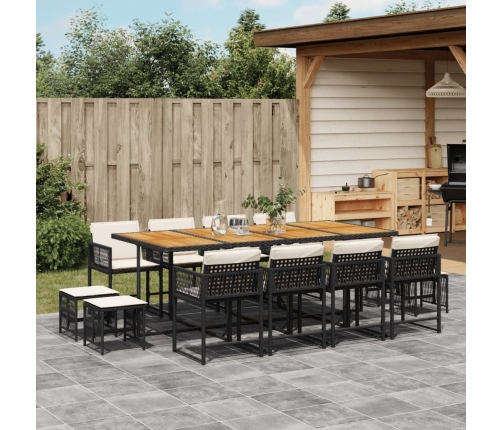 Set comedor de jardín con cojines 13 pzas ratán sintético negro