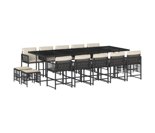 Set comedor de jardín con cojines 15 pzas ratán sintético negro