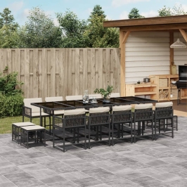 Set comedor de jardín con cojines 15 pzas ratán sintético negro