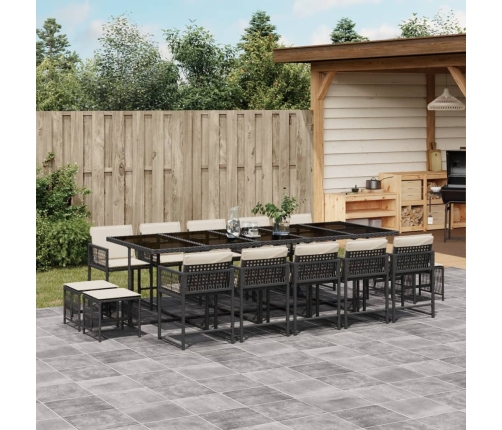 Set comedor de jardín con cojines 15 pzas ratán sintético negro