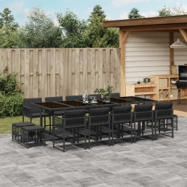 Set comedor de jardín con cojines 15 pzas ratán sintético negro