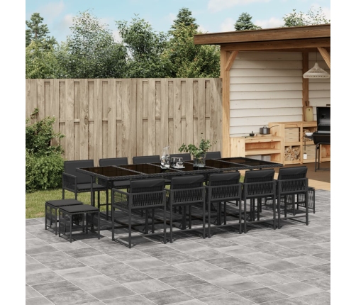 Set comedor de jardín con cojines 15 pzas ratán sintético negro