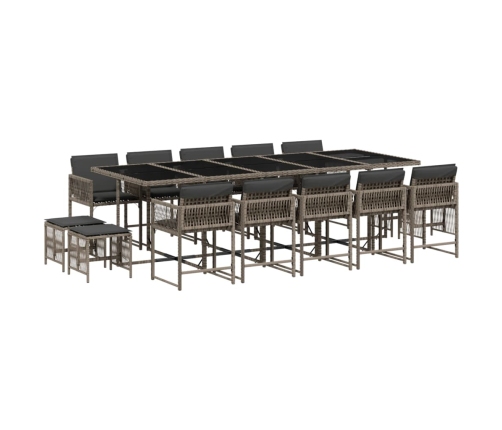 Set comedor de jardín con cojines 15 pzas ratán sintético gris