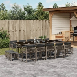 Set comedor de jardín con cojines 15 pzas ratán sintético gris