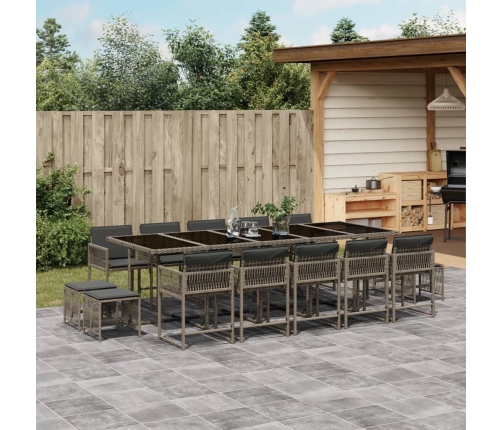 Set comedor de jardín con cojines 15 pzas ratán sintético gris