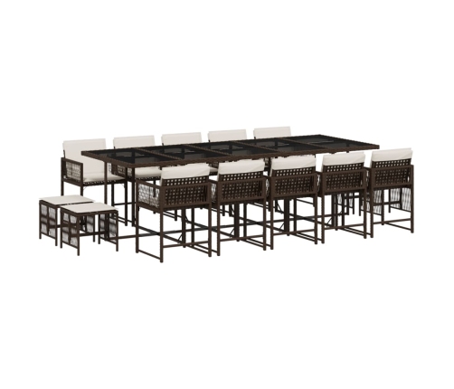 Set comedor de jardín y cojines 15 pzas ratán sintético marrón