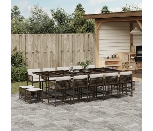 Set comedor de jardín y cojines 15 pzas ratán sintético marrón