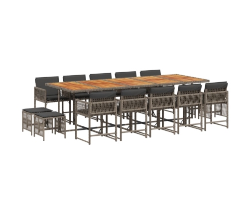 Set comedor de jardín con cojines 15 pzas ratán sintético gris