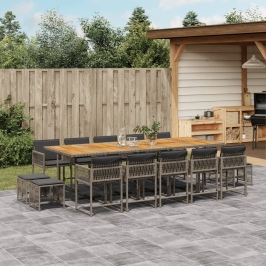 Set comedor de jardín con cojines 15 pzas ratán sintético gris