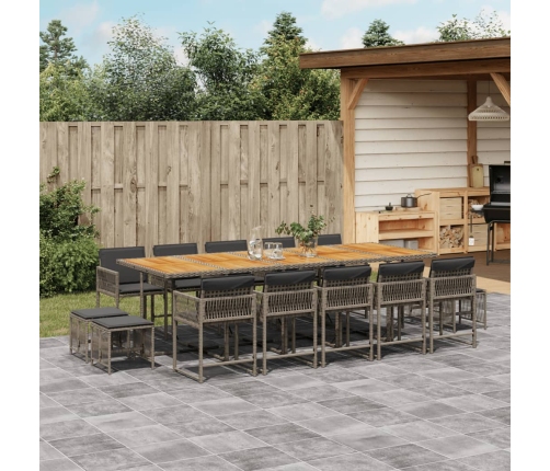 Set comedor de jardín con cojines 15 pzas ratán sintético gris