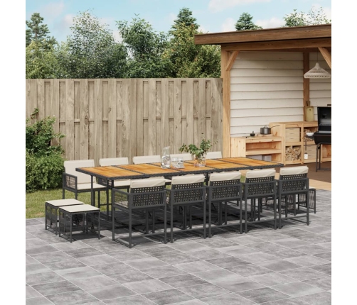 Set comedor de jardín con cojines 15 pzas ratán sintético negro