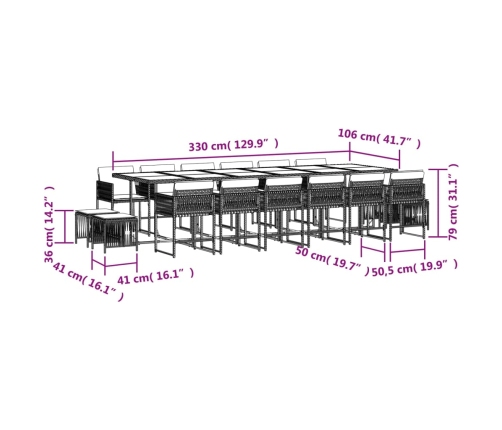 Set de muebles jardín 17 pzas y cojines ratán sintético marrón