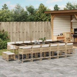 Set comedor de jardín 17 pzas con cojines ratán sintético beige
