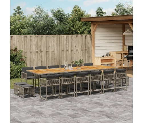 Set comedor de jardín 17 pzas y cojines ratán sintético gris