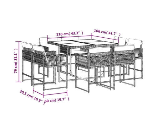 Set comedor de jardín 9 pzas con cojines ratán sintético beige