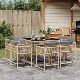 Set comedor de jardín 9 pzas con cojines ratán sintético beige