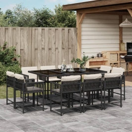 Set de comedor jardín 11 pzas con cojines ratán sintético negro