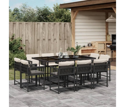 Set de comedor jardín 11 pzas con cojines ratán sintético negro