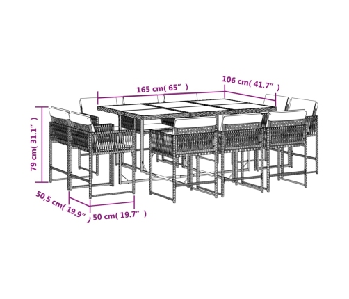 Set comedor de jardín 11 pzas con cojines ratán sintético beige
