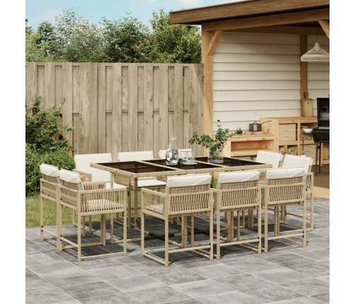 Set comedor de jardín 11 pzas con cojines ratán sintético beige
