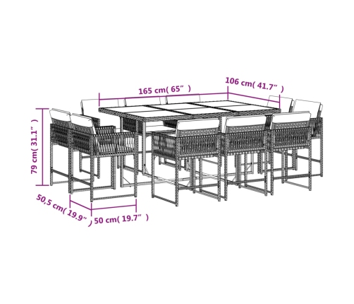 Set comedor de jardín 11 pzas con cojines ratán sintético beige