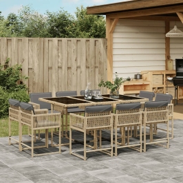 Set comedor de jardín 11 pzas con cojines ratán sintético beige